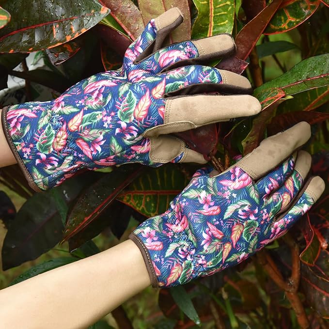 Gardening Gloves for Women and Men, Garden Gloves with Touch Screen, Thorn Proof Puncture Resistant Working Gloves, Gardening Gifts for Women,Blue-brown flowers M