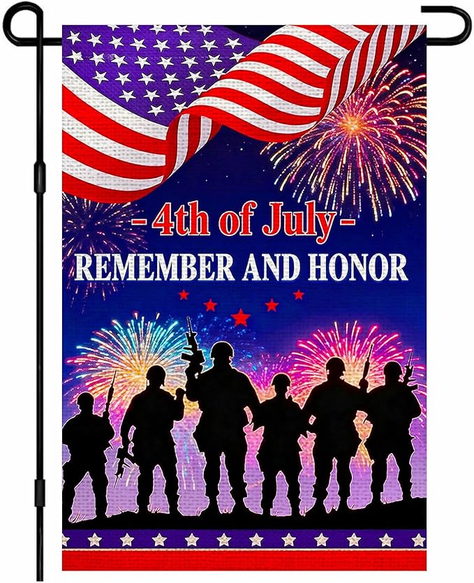 IVN Remember And Honor 4th Of July Military Garden Flag 12x18 Burlap Remember And Honor Soldier Silhouettes Fireworks Night Sky Stars Stripes Banner Double Sided Patriotic Outdoor Yard House Flag for Outside Home Front Door Lawn Porch Patio Independenc...