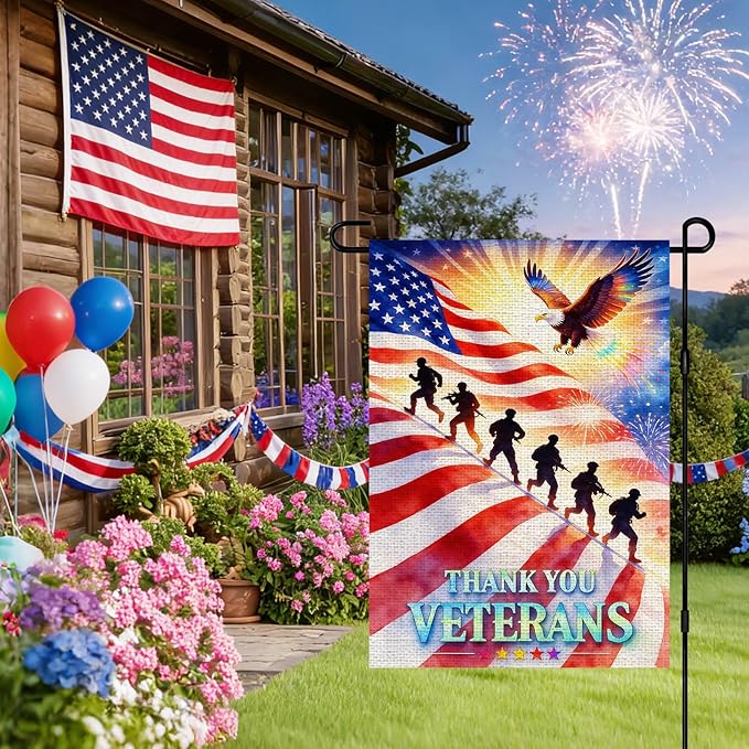IVN Thank You Veterans Eagle American Flag Garden Flag 12x18 Burlap Thank You Veterans Soldier Silhouettes Fireworks Sunrise Rays Stars Stripes Double Sided Patriotic Outdoor Yard House Flag for Outside Home Front Door Lawn Porch Patio Memorial Day Decor