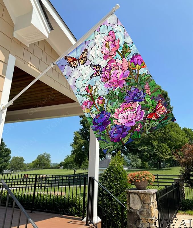 Spring Summer Stained Glass Peony House Flag Peony Floral Butterfly Welcome Yard Burlap Double Sided Seasonal Farmhouse Yard Outdoor Decoration 28x40 Inch