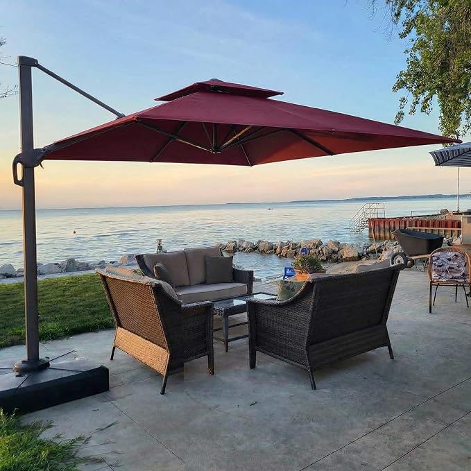 Hoteel 10ft Patio Umbrella Heavy Duty Aluminum Windproof & Shade Provision Outdoor Cantilever Double Top Offset Large Umbrella Height Adjustable with 360°Rotation for Patio Pool Deck Gazebo, Wine Red