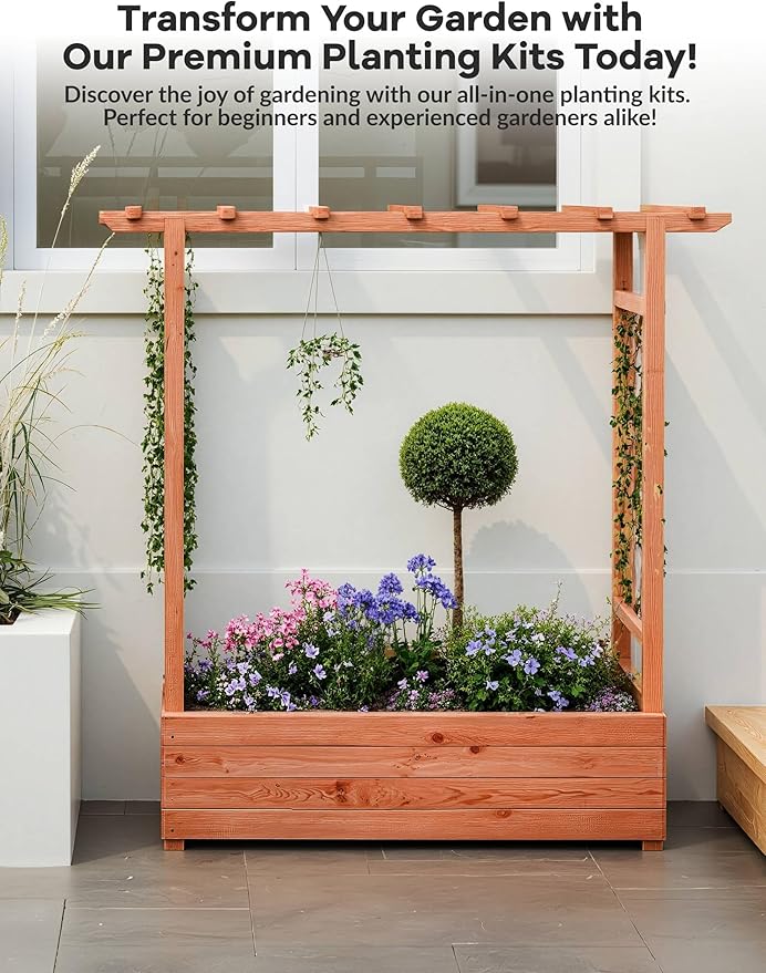Raised Garden Bed with Trellis, Wood Planter Box with Hanging Roof, Side Trellis & Drainage, Freestanding Garden Planter for Climbing Plants, Vegetables, Flowers