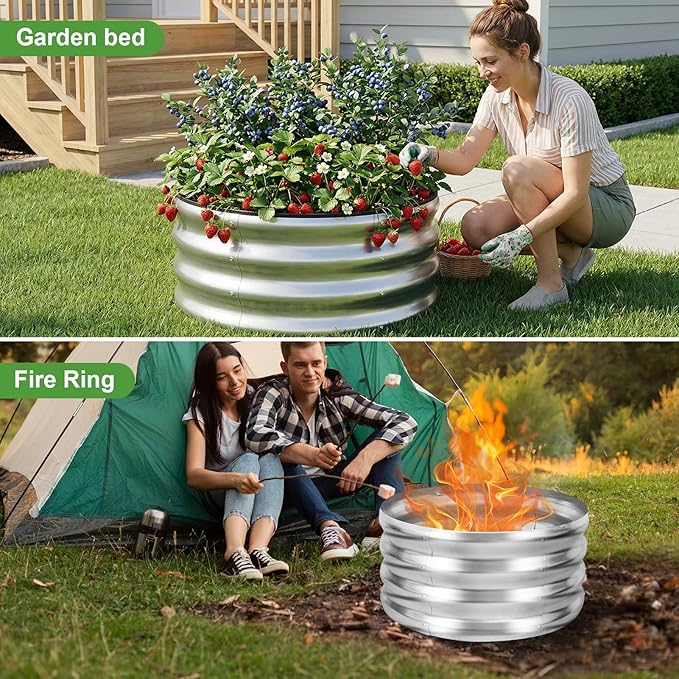 Galvanized Raised Garden Bed- 2Pcs Metal Planter Boxes Outdoor | 12" Tall 24" Round Steel Raised Bed Kit & Fire Pit Ring for Gardening with Protective Tape for Vegetables, Flower (Sliver)