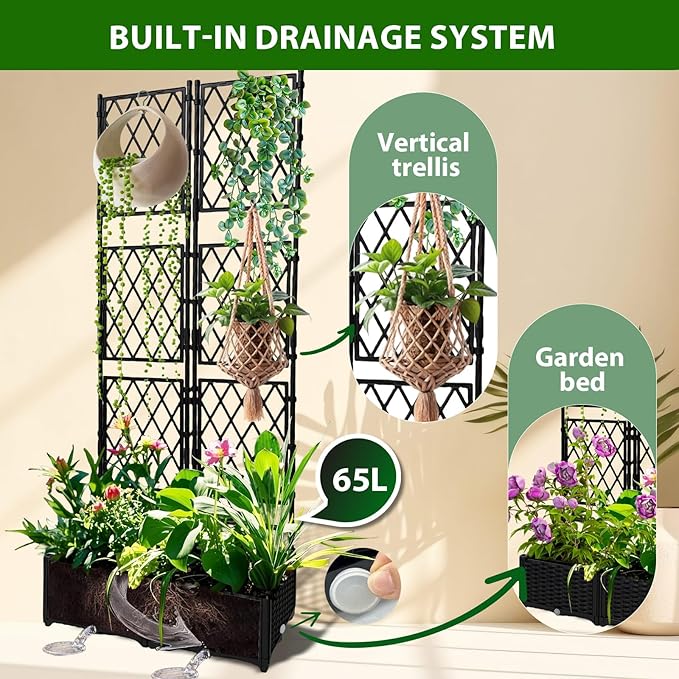 Planter with Trellis - Raised Garden Bed with Trellis 75.5"x31.5"x16", Privacy Screen Planter Box with Drainage Hole, Outdoor Raised Garden Bed for Climbing Plants