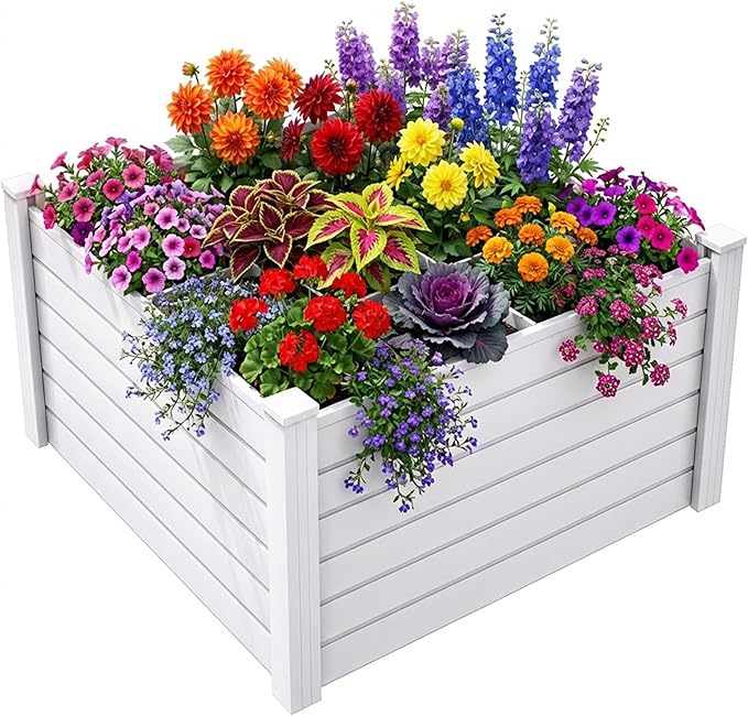 DWVO 4 x 4 x 2 FT Raised Garden Bed Kit, Outdoor Vinyl Flower Bed with Growth Grid, Large Plastic Planter Box for Vegetables, Flowers, Herbs, Fruits, White