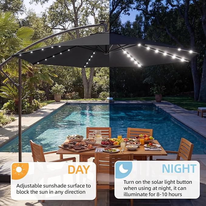 EROMMY 10FT 40LED Patio Umbrella with Base Included, Outdoor Offset Cantilever Umbrella, Infinite Tilt, Crank and Cross Base, UV Protection for Backyard, Lawn, Garden & Pool