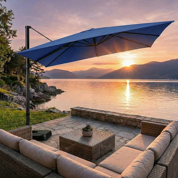 Hoteel 10ft Patio Umbrella Heavy Duty Aluminum Windproof & Shade Provision Outdoor Cantilever Square Offset Large Umbrella Height Adjustable with 360°Rotation for Patio Pool Deck Gazebo, Dark Blue