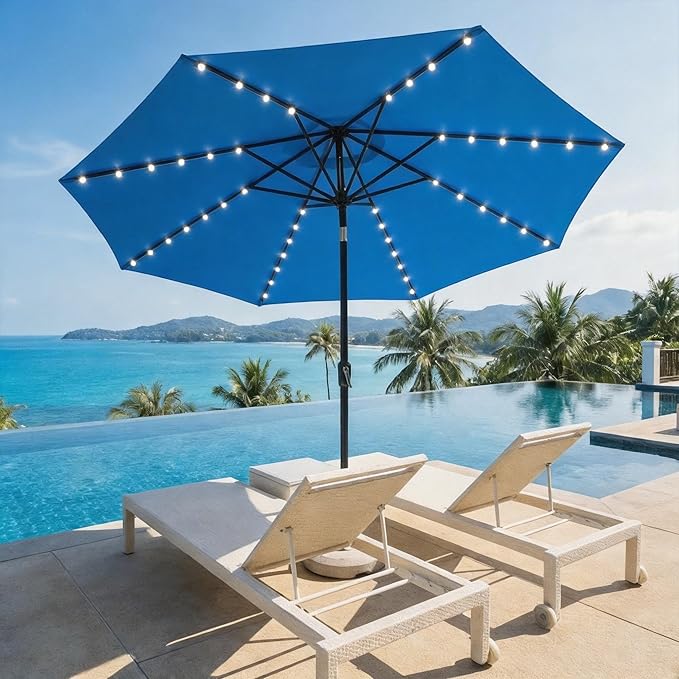 Large Outdoor Patio Umbrella with Solar Lights, 11 FT Patio Table Umbrella with Push Button Tilt/Crank, Outdoor Umbrella for Backyard, Pool, Deck, Market, Blue