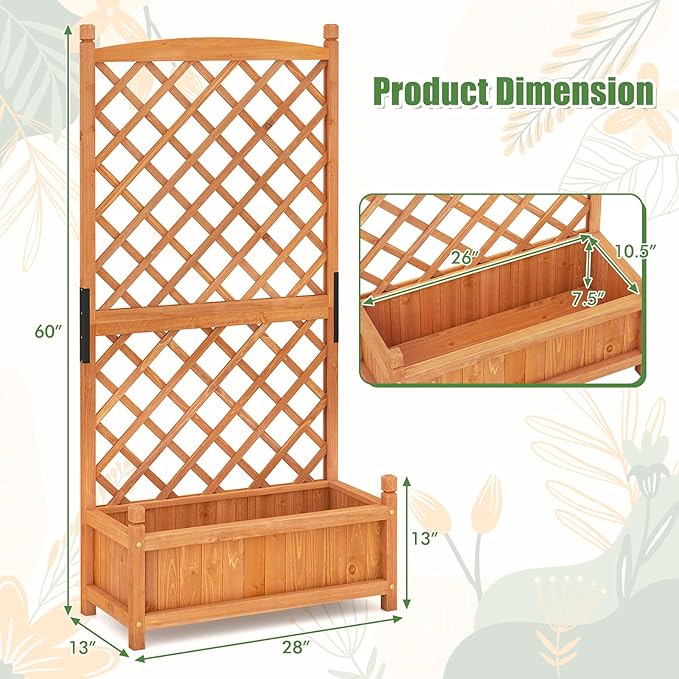 HAPPYGRILL Raised Garden Bed with Trellis, Large Planting Box w/Drainage Holes, 60” Wooden Garden Planter w/Diamond Lattice Trellis for Climbing Plants, Outdoor Planter Box for Patio (1, Orange)