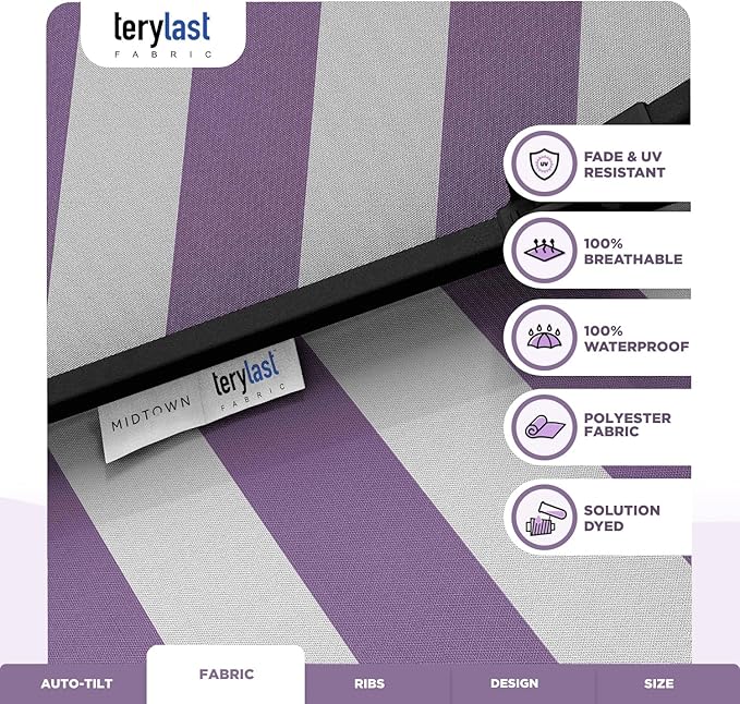 Midtown Umbrellas 10-Year-No-Fade - 8 Ft - UV Proof Purple/White Stripes Fabric - Umbrella Outdoor Patio, Auto-Tilt Aluminum Frame Patio Umbrella for Garden, Pool & Deck - Black Pole