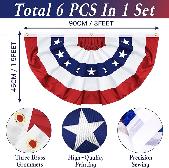 6 Pack 1.5 X 3 FT American Bunting Flag 4th of July Decorations, USA Pleated Fan Flag Fourth of July Patriotic Half Fan Banner 100% Polyester Fourth of July Independence Day Outdoor Decor Memorial Day