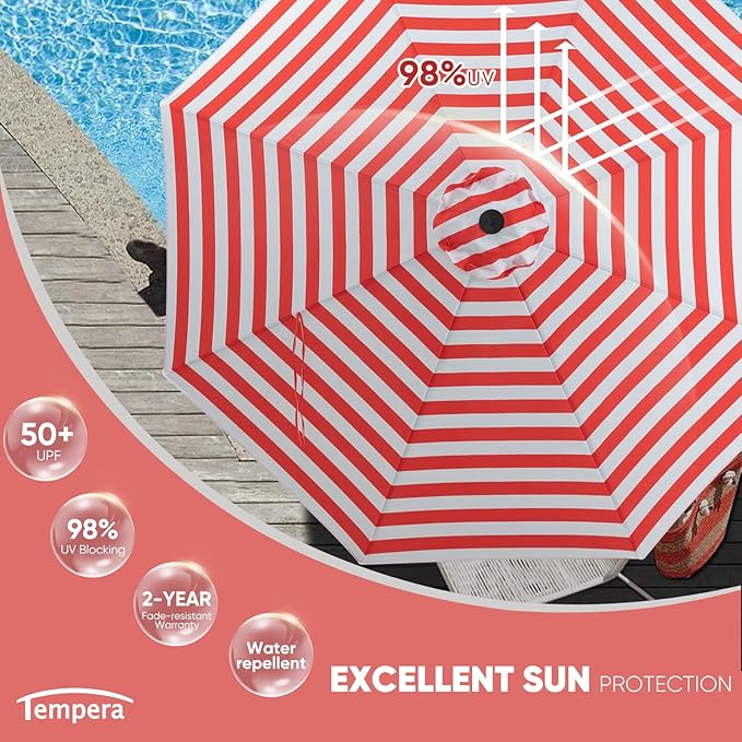 Tempera Patio Market Outdoor Table Umbrella with Push Button Tilt and Crank, Large Sun Umbrella with Sturdy Pole & Fade Resistant Canopy, Easy to Set