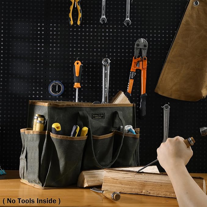 Tool Tote Bag, Heavy Duty 16oz Waxed Canvas Garden Tool Bag | Portable 11-Pocket Tool Storage Bag for Gardener Electrician Contractor Repairman (14"L x 5.5"W x 10.5"H) – Army Green