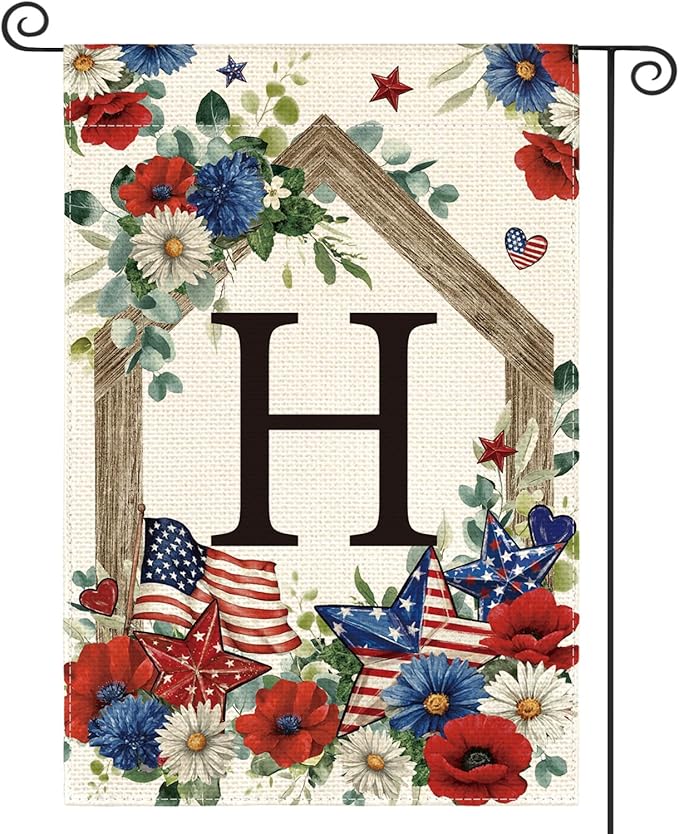 AVOIN colorlife Initial Letter H Monogram Patriotic Garden Flag 12x18 Inch Double Sided Outside, 4th of July Memorial Day Floral Family Last Name Yard Outdoor Decoration