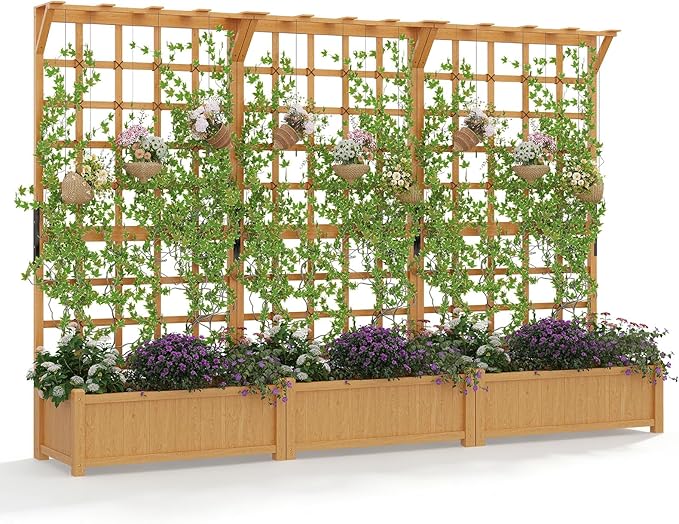 Aoxun 108" Raised Garden Bed with Trellis, Wood Planter Container with Hanging Roof & Garden Boxes for Climbing Plants Flowers Vine (3 piece)