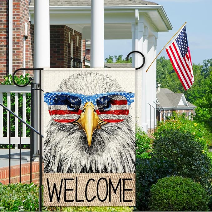 Independence Day Garden Flag for Outside,American Eagle Welcome Yard Flags for 4th of July Patriotic Memorial Day Lawn Porch Outdoor Decorations 12x18 Double Sided