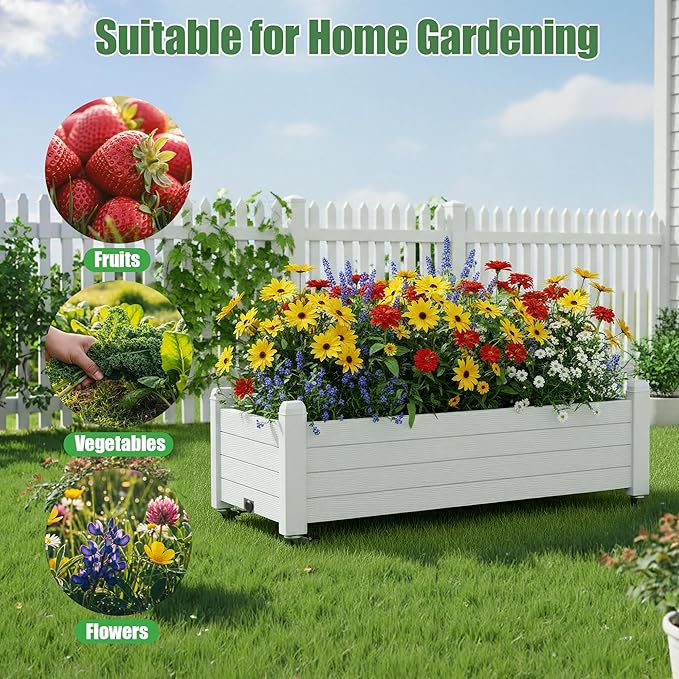 Raised Garden Bed with Wheels Outdoor, Resin Planter Box with Drain Hole and Water Level Detector for Backyard, Patio, Balcony, White(13.3" H)