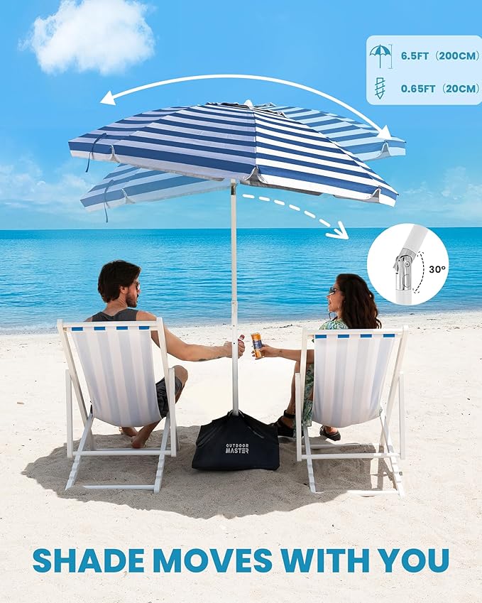 OutdoorMaster Beach Umbrellas for Sand with Sandbag & Anchor, 7.2ft Adjustable Umbrella for Beach Heavy Duty Wind, Portable UPF50+ Sunshade with Carry Bag for Patio