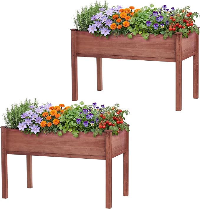 SoliWood Set of 2 Raised Garden Bed with Legs, 48x24x30'', Outdoor Wood Elevated Planter Box, Grey Cedar, Thick Legs, w/Liner