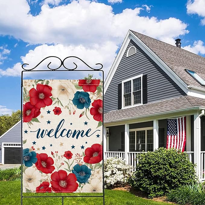 Patriotic Floral Welcome House Flag 28x40 Inch, Double Sided Burlap Red White Blue Flower Outdoor Yard Flag for Front Porch 4th of July Memorial Day Farmhouse Decor