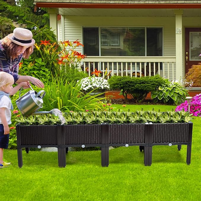 HAPPYGRILL Raised Garden Beds, Set of 4 Elevated Planter Boxes with Drain Holes & Removable Legs, Outdoor Raised Flower Bed for Patio Yard Balcony