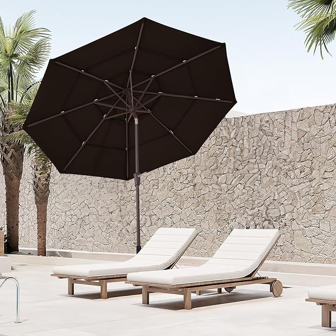 JEAREY 9FT 3 Tier Patio Umbrella Outdoor Market Umbrella Table Umbrellas with Button Tilt and Crank UV Protection Outside Garden Pool Umbrella,Coffee