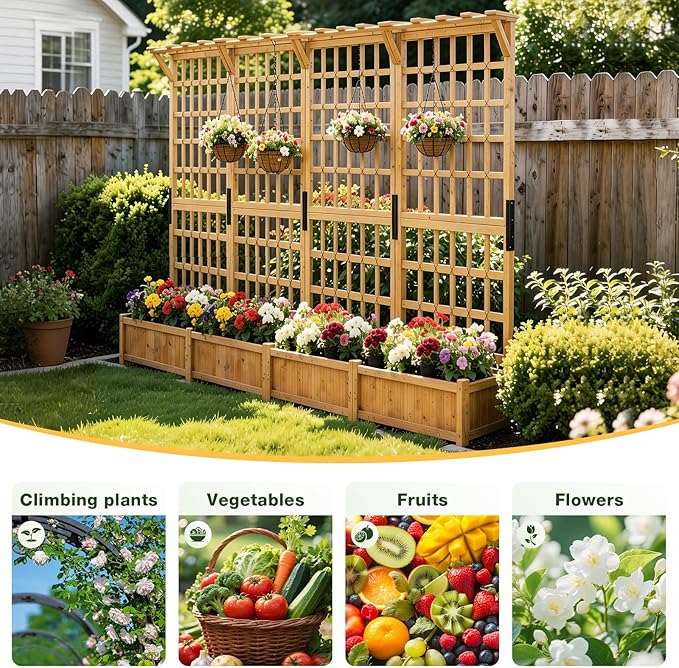 Aoxun 108" Raised Garden Bed with Trellis, Wood Planter Container with Hanging Roof & Garden Boxes for Climbing Plants Flowers Vine (3 piece)