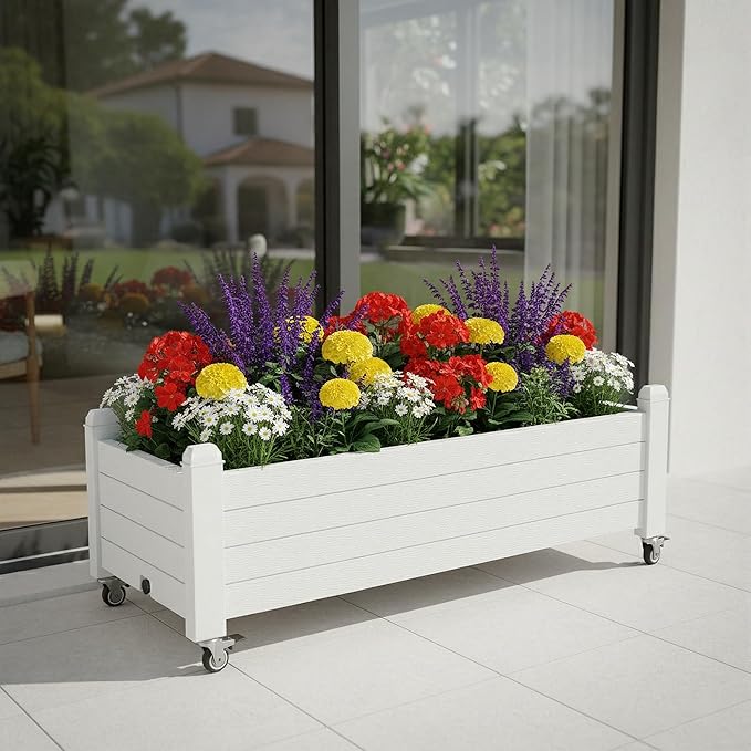 Raised Garden Bed with Wheels Outdoor, Resin Planter Box with Drain Hole and Water Level Detector for Backyard, Patio, Balcony, White(13.3" H)
