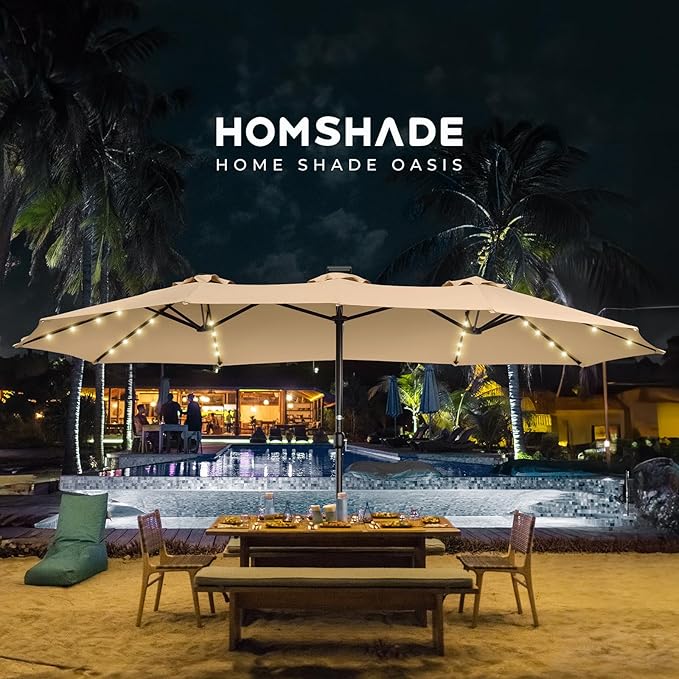 HOMSHADE Double Sided Patio Umbrellas - 15ft Solar Lights LED Lighted Outdoor Extra Large Market Table Umbrella with Base Included, Oversized Umbrella for Deck, Pool, Backyard (Beige)