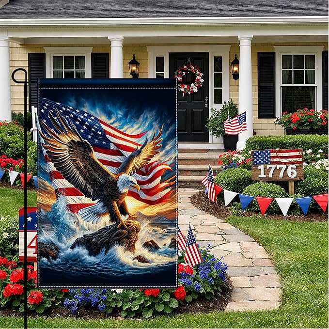 BlissYard Eagle Garden Flag 12x18 Inch Double Sided American Flag Bald Eagle Ocean Wave Burlap Garden Flag Farmhouse Yard Outdoor Banner for Porch Patio Lawn Independence Day Decoration