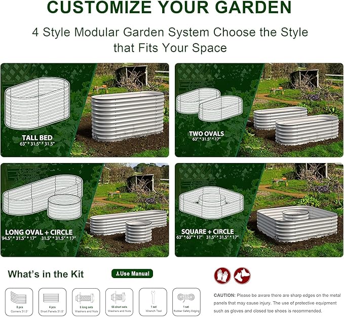 Olle 4-Style Modular Galvanized Raised Garden Beds Outdoor Easy Quick Setup, 17" Tall, 4-in-1 Metal Planter Boxes Outdoor for Flowers Vegetables Fruits Herbs DIY Gardening, Ivory