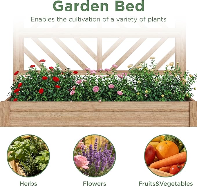 Vabches Wooden Elevated Raised Garden Bed with Trellis,47x24x55 in Planter Box with Legs and Storage Shelf,FreeStanding Gardening Planter for Flower Herb Vegetable Fruit Climbing Vines