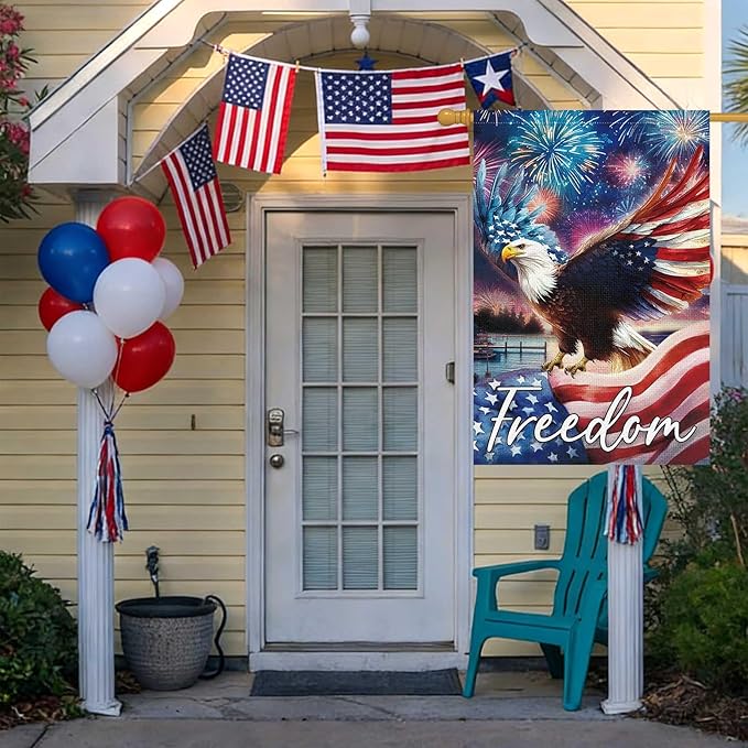Louise Maelys 4th of July Garden Flag Freedom Bald Eagle Independence Day 28x40 Inch Double Sided Welcome Stars and Stripes Large Burlap Yard Sign Outside Outdoor House Decor