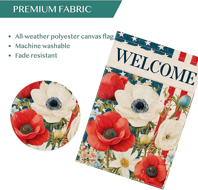 Patriotic 4th of July Floral Welcome Garden Flag 12.5x18 Inch, Double-Sided American Flag Stars Stripes with Poppy Flowers Small Yard Flag, Memorial Day Seasonal Outdoor Decoration