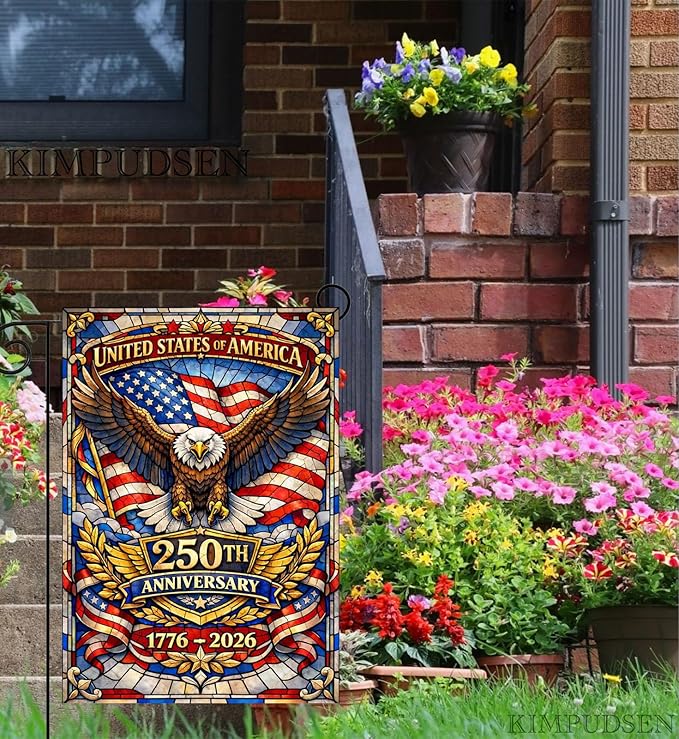 Stained Glass Patriotic Garden Flag 12x18 Inch, 250th Anniversary 1776-2026 American Eagle Flag, 4th of July Independence Day Yard Outdoor Decor, Double Sided Burlap