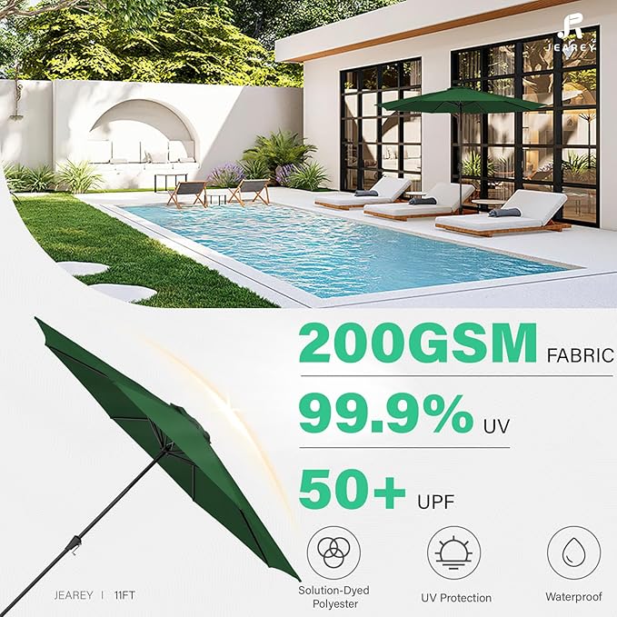 JEAREY 11' Patio Umbrellas Outdoor Table Market Umbrella w/Crank, 8 Sturdy Ribs, UV Protection Windproof for Garden, Deck, Backyard, Pool(Dark Green)