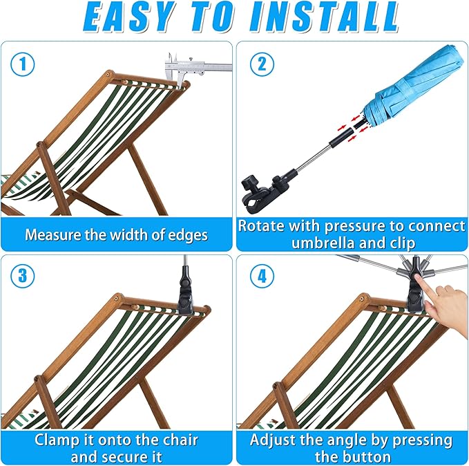 Beach Chair Umbrella with Clamp, Portable Clip on Umbrella for Outdoor Chairs, Adjustable UPF50+ Sun Shade Umbrellas for Beach Patio Travel Camping Wheelchair Golf Cart, Small 40inch with Storage Bag