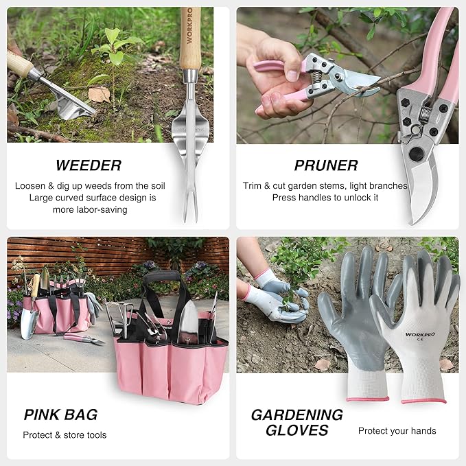 WORKPRO 8-Piece Pink Garden Tool Set, Stainless Steel Gardening Tools with Wood Handle, Including Garden Tote, Gloves, Trowel, Hand Weeder, Cultivator and More, Gardening Gifts For Women - Pink Ribbon