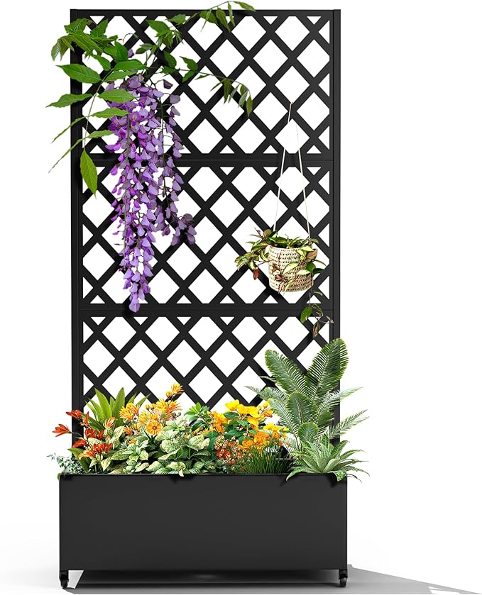 Metal Planter Trellis Box with Wheels & Drain Plug Outdoor Raised Garden Bed Patio Privacy Screen with Planter for Climbing Plants, Vegetables 73"x35"x16" Black-Diamond