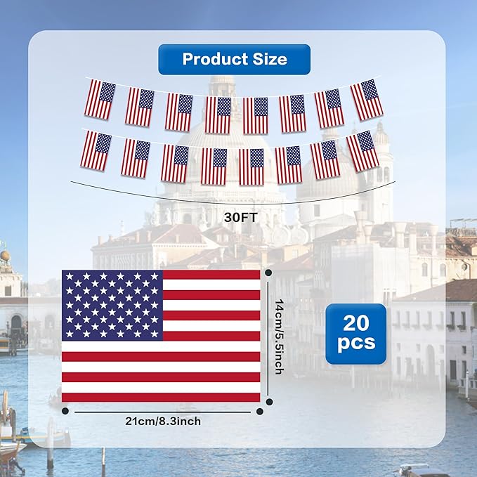 US Flags Small String Flag Banner Mini Hanging Flags Pennant Decorations For Schools,National Sports Events, Grand Opening,Patriotic Festival, Party, 20Ft 20 PCS