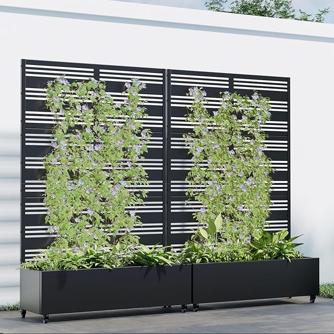 Casaphoria 72"x47" Metal Raised Garden Bed with Trellis(2 Pack), Outdoor Planter Box with Wheels & Drainage Holes for Climbing Plants, Flowers, Elevated Garden Kit with Privacy Screen, Black-Harold