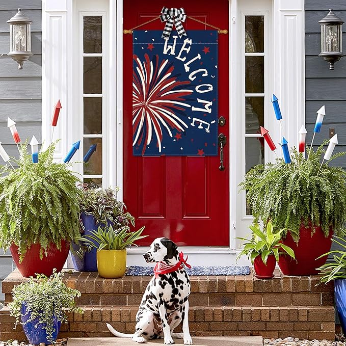 AVOIN colorlife 4th of July Patriotic Fireworks House Flag 28x40 Inch Double Sided Outside, Memorial Day Welcome Yard Outdoor Decoration
