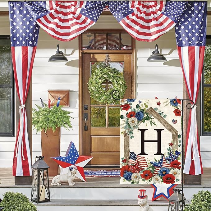 AVOIN colorlife Initial Letter H Monogram Patriotic Garden Flag 12x18 Inch Double Sided Outside, 4th of July Memorial Day Floral Family Last Name Yard Outdoor Decoration