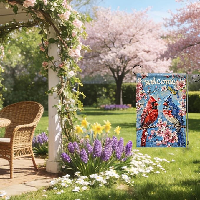Nuxovilar Garden Flag Banner Cardinal Pair & Cherry Blossom Design 12x18in Polyester Garden Flags for Outside Yard Patio