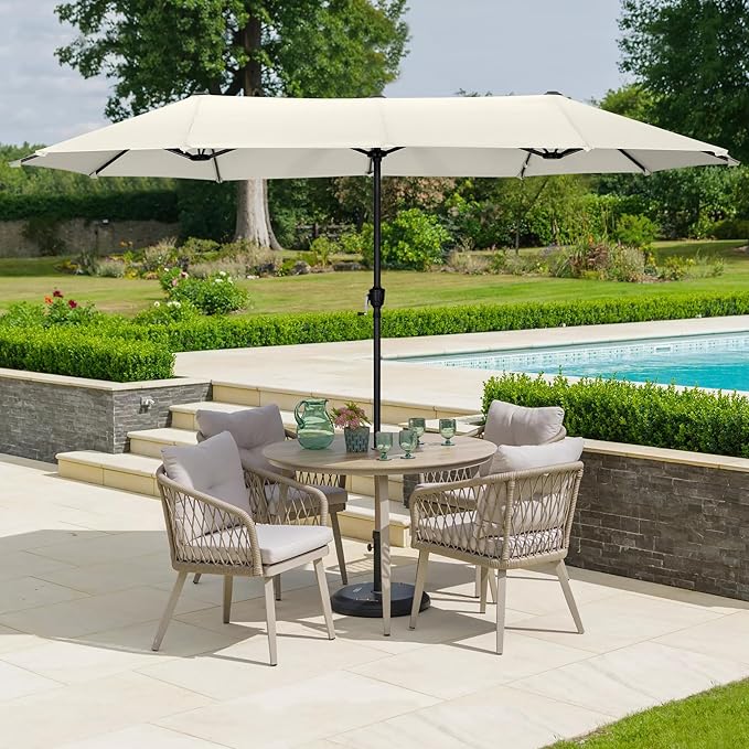 HERA'S PALACE 13 Ft Double-Sided Twin Patio Umbrella, Outdoor Double Sided Market Patio Umbrella with Crank, Powerful UV Protective (Ivory)