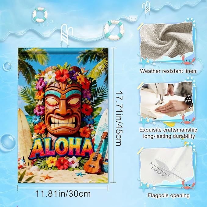 IVN Tiki Surf Aloha Garden Flag 12x18 Burlap Aloha Tiki Mask Surfboards Ukulele Sunshine Beach Ocean Palm Leaves Hibiscus Flowers Double Sided Summer Outdoor Yard House Flag for Outside Home Front Door Lawn Porch Patio Welcome Summer Decor