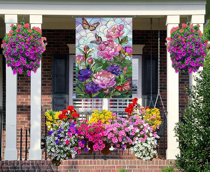 Spring Summer Stained Glass Peony House Flag Peony Floral Butterfly Welcome Yard Burlap Double Sided Seasonal Farmhouse Yard Outdoor Decoration 28x40 Inch