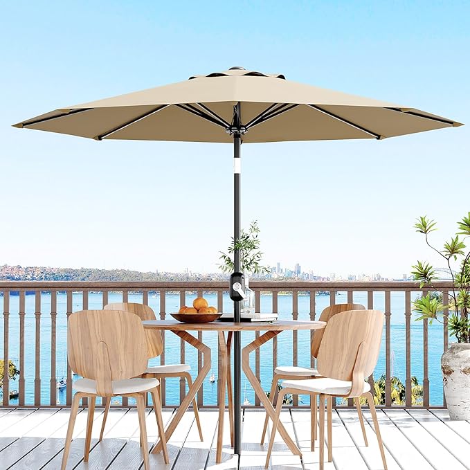GarveeLife 9FT Patio Umbrella Outdoor, Table Umbrella with Push Button Tilt and Crank, 8 Sturdy Ribs UV Protection Waterproof for Garden, Pool, Market, Deck (Tan)