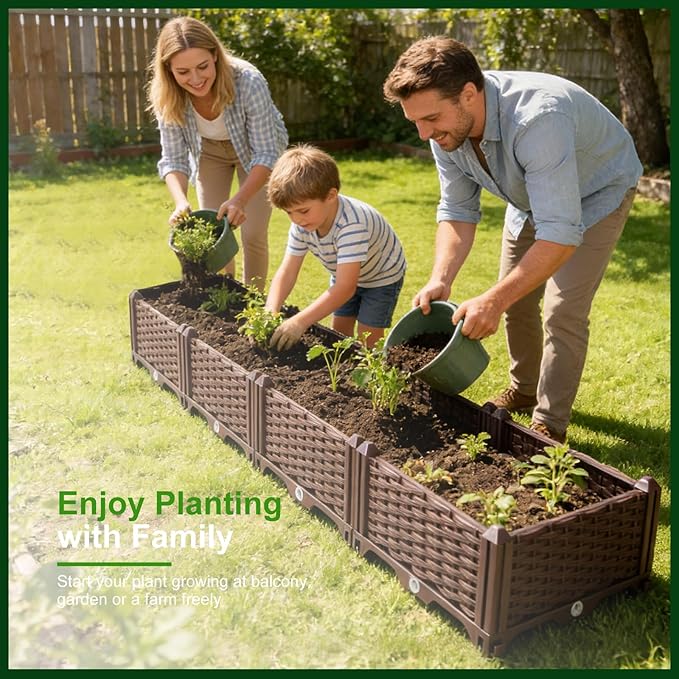 BAOYOUNI Rectangular Raised Garden Bed Kit Indoor Outdoor Plastic Planter Grow Box for Fresh Vegetables, Herbs, Flowers & Succulents, Brown, 61.41'' x 15.35'' x 8.66''