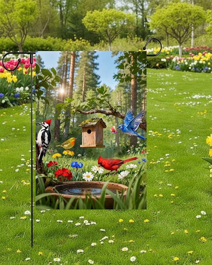 Birdhouse Cardinal Woodpecker Blue Bird with Flowers Lush Woodland Pool Garden Yard Flag 12"x 18" Double Sided Polyester Welcome House Flag Banners for Patio Lawn Outdoor Home Decor